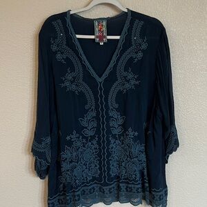 Johnny Was Dark Blue Embroidered Blouse